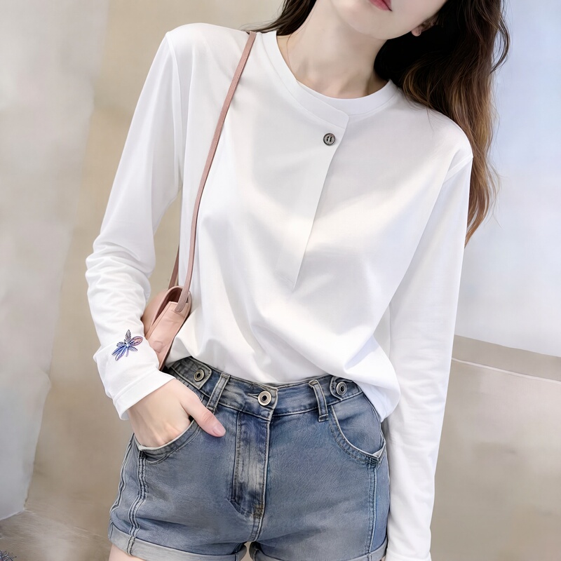2026 New Autumn White Button-Down Long-Sleeve T-Shirt for Women, Slimming, Covering Flaws, Lazy Style, Inner Layer, Base Shirt, Trendy Top