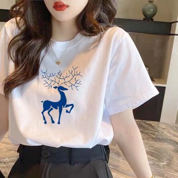 European white t-shirt women's pure cotton 2023 new summer loose round hole cartoon printing retro short-sleeved top