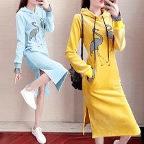 Hooded Sweatshirt 2019 New Womens Autumn and Winter Clothes Korean Loose Medium Long Slim Plus Padded Long Sleeve Dress