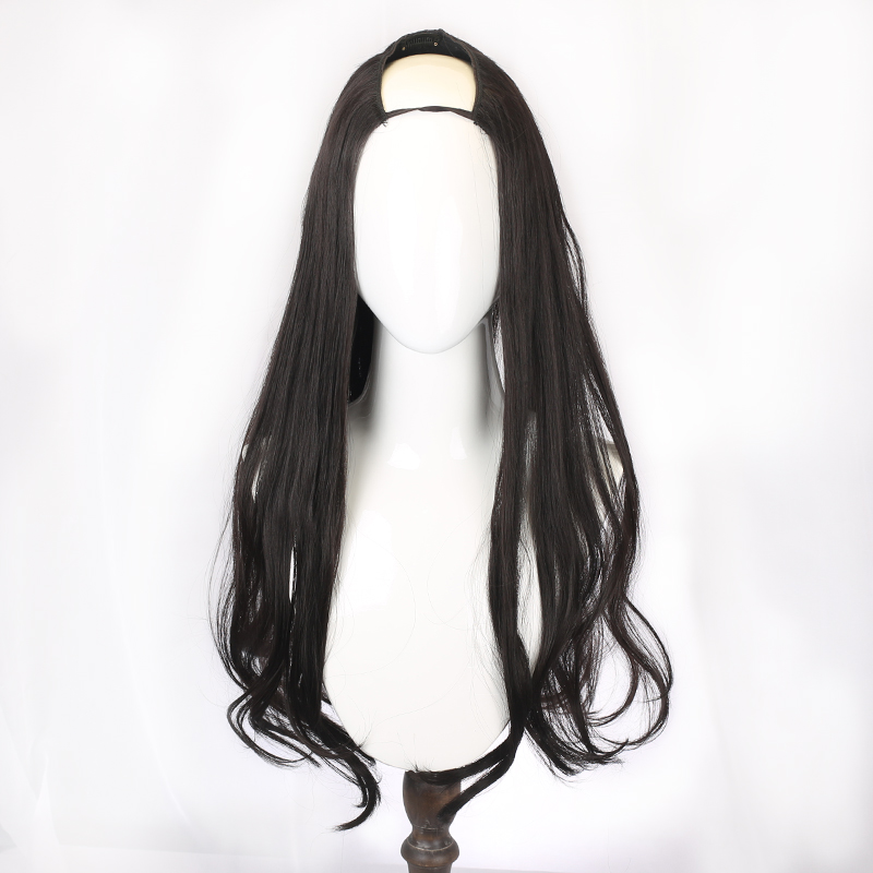 Wig woman long curly hair large wave invisible pear flower roll long hair round face full headgear u type wig half headgear straight hair