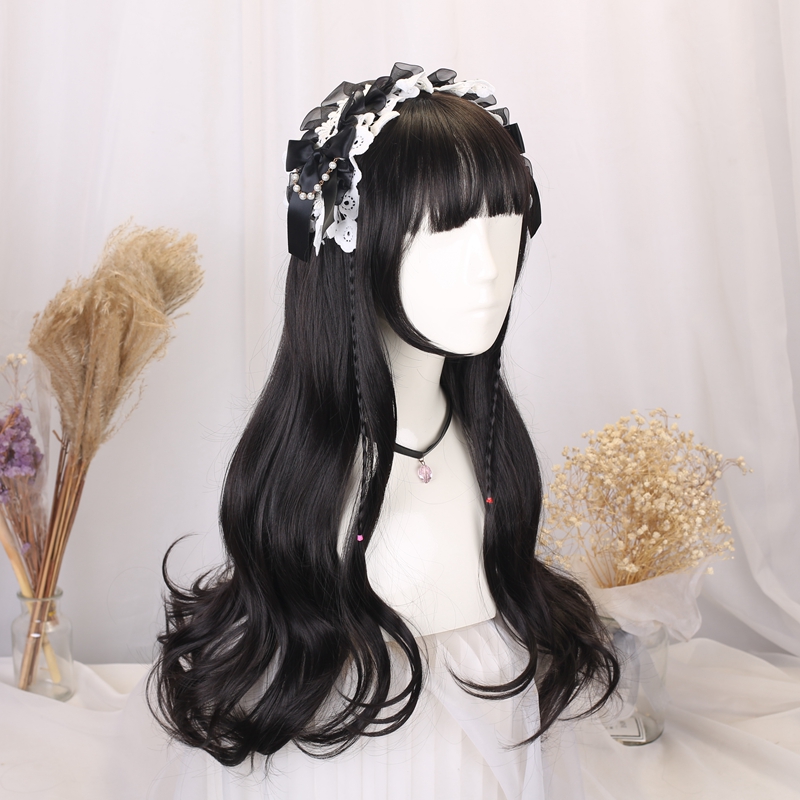 Real hair 3D air bangs princess Lolita natural full headgear British net red girl wig female wave curl set