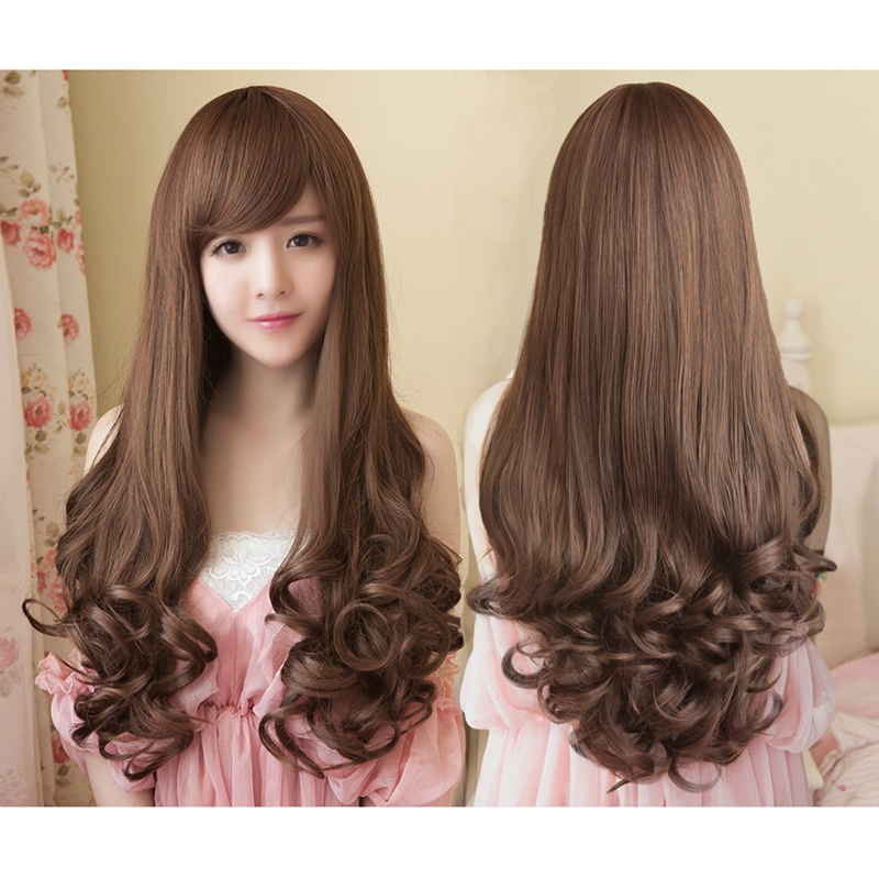 FSHOW wig female long curly hair fluffy pear flower big wave matte natural real shot oblique bangs high temperature wire
