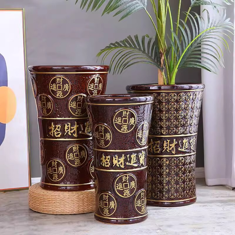 Extra-Large Tall Wide-Mouth Ceramic Flower Pot with Embossed Gold Lettering for Attracting Wealth, Indoor Large Flower Pot for Money Trees and Fortune Trees