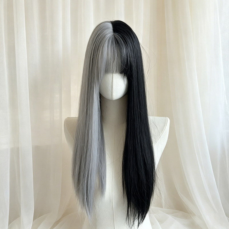 Halloween Wig for Women with Long Hair, Black and White Witch, Cruella, Yin-Yang Dual-Tone Wig Set, Cosplay Full Head Wig
