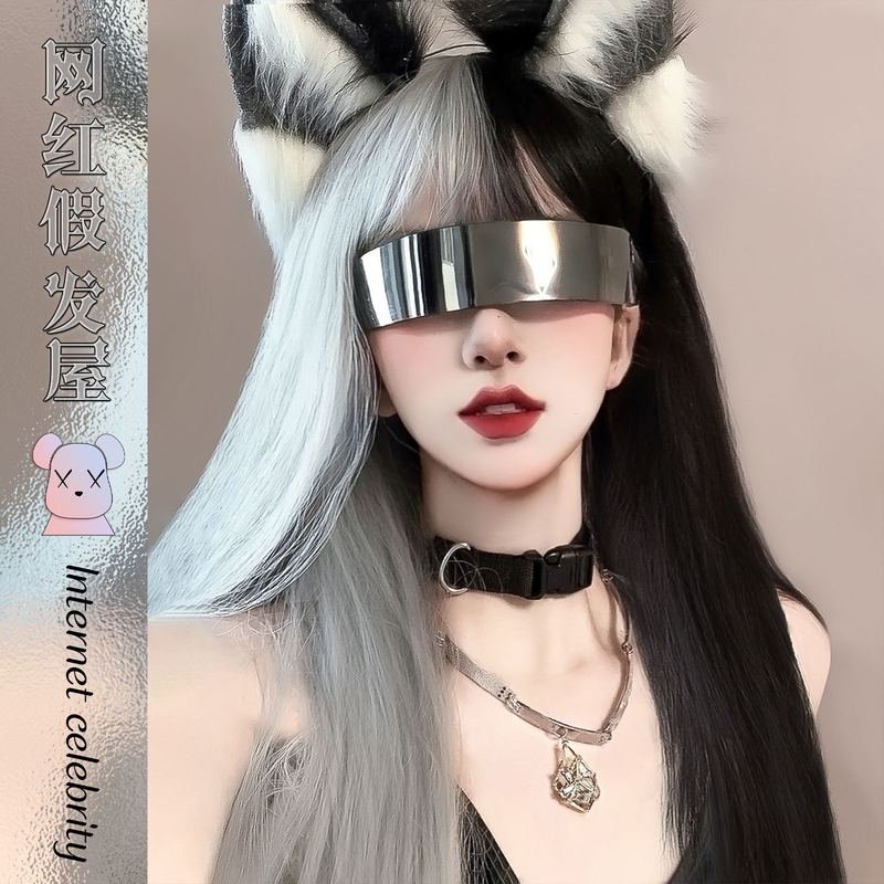 Halloween Wig for Women with Long Hair, Black and White Witch, Cruella, Yin-Yang Dual-Tone Wig Set, Cosplay Full Head Wig