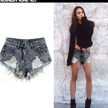 ebay欧美修身高腰磨破不规则漏口袋流苏个性潮流时尚牛仔短裤热裤