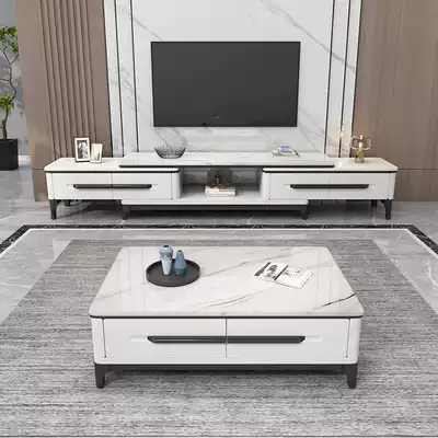 Solid wood coffee table TV cabinet combination set Marble countertop modern simple retractable living room storage cabinet Nordic