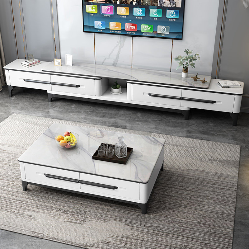 Modern simple marble solid wood TV cabinet coffee table combination small apartment home living room retractable TV wall cabinet