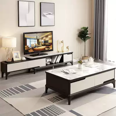 Nordic coffee table TV cabinet combination Modern simple living room small apartment light luxury black and white with glass steel stone retractable