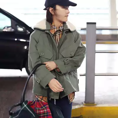 Star Zhou Dongyu with the same 2021 winter new Korean jacket female chic tooling style loose cotton coat short jacket