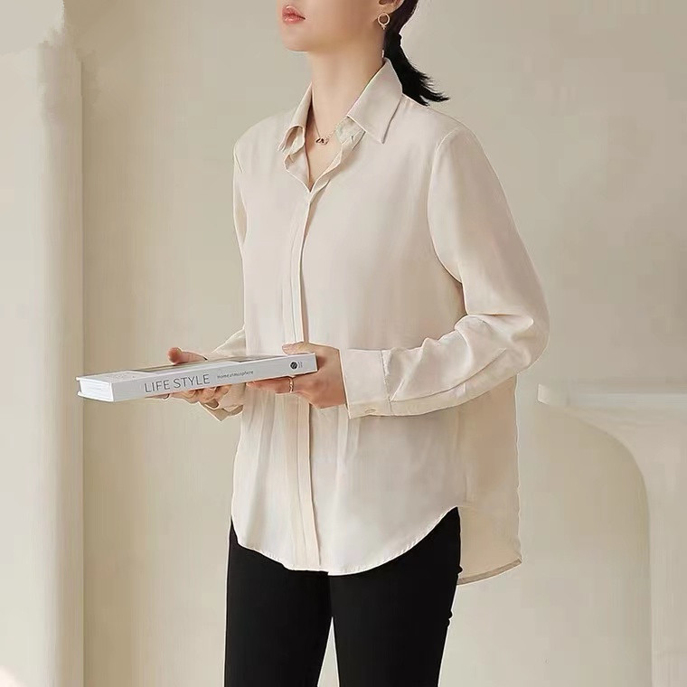 Real Silk Shirt Woman Design Sensation Small Crowd 2022 Spring Summer New Loose Long Sleeve Blouse Style Gentle Wind Shirt