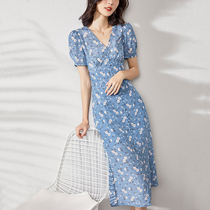 Heavy Pound True Silk Dress Woman 2022 Summer New Advanced Sensant Mulberry Silk Blue Crushed Flower long dresses