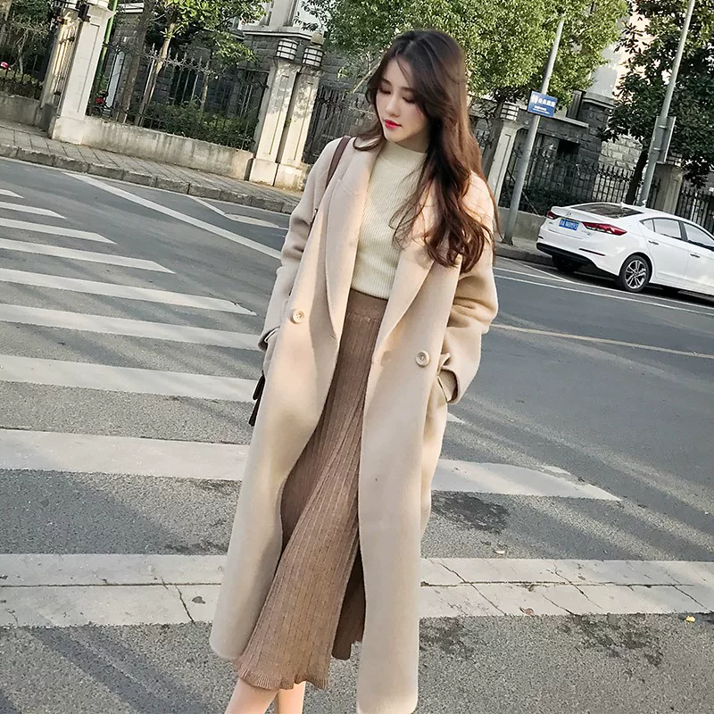 Двустороннее кашемировое демисезонное элитное длинное шерстяное пальто, 2024 год, корейский стиль, средняя длина