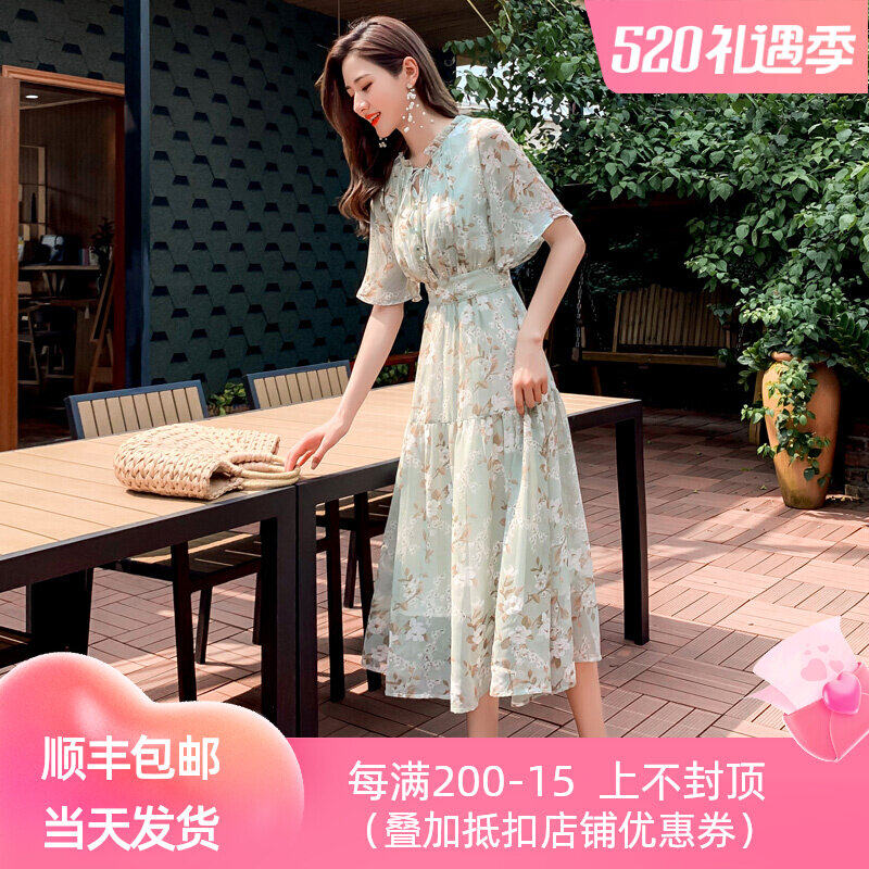 Broken Flowers Ocean Dress Women's Summer 2022 New Little Fresher Fairy superfairy V collar high waist waist display slim length dress