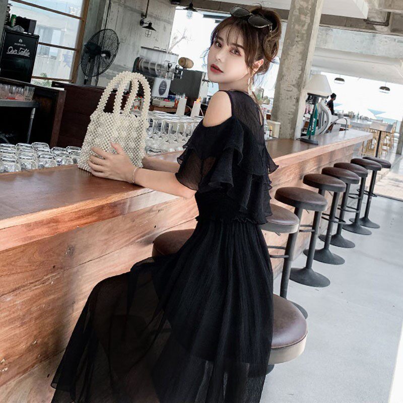Dew Shoulder Ocean Dress Women's Summer 2022 New Black Design Sensation Small Crowdskirt Super Fairy Ultimate Skirt Little Black Dress