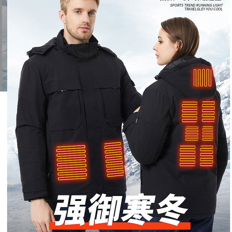 New Cross-Border Smart Heating Jacket, Rechargeable Heated Parka, Electric Heating Jacket, Warm Cotton Coat, Hooded Cotton Clothing