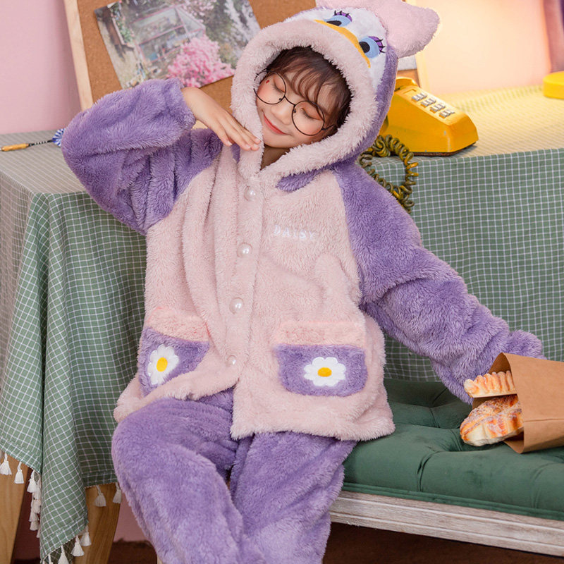 Fall and Winter Coral Velvet Children's Pajamas Girl Flavour thickness Cartoon Little Girl Little Hat Home Clothes