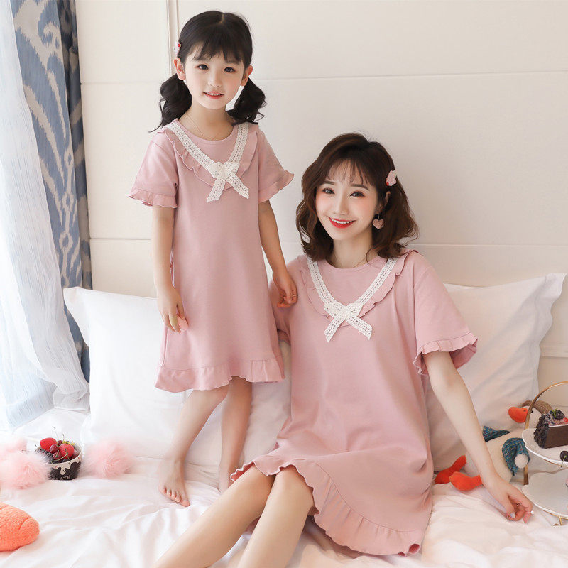Girls' nightdress summer cotton short-sleeved children's pajamas little girl cute middle-aged children's parent-child wear mother-daughter home skirt