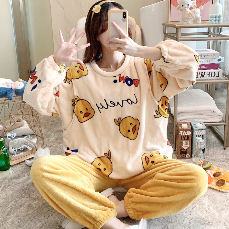 Autumn and winter pregnant women coral fleece pajamas thickened confinement clothing postpartum breastfeeding flannel large size suit
