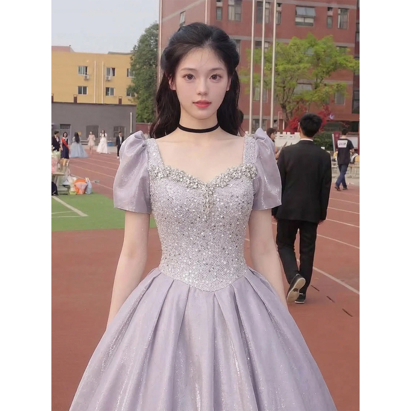 Purple Evening Dress 2026 New Style with a High-End Feel, Puff Sleeves, Heavy Craftsmanship, Waist-Cinching Design, Suitable for Art Exams, Student Day, Coming-Of-Age Ceremony, and Host