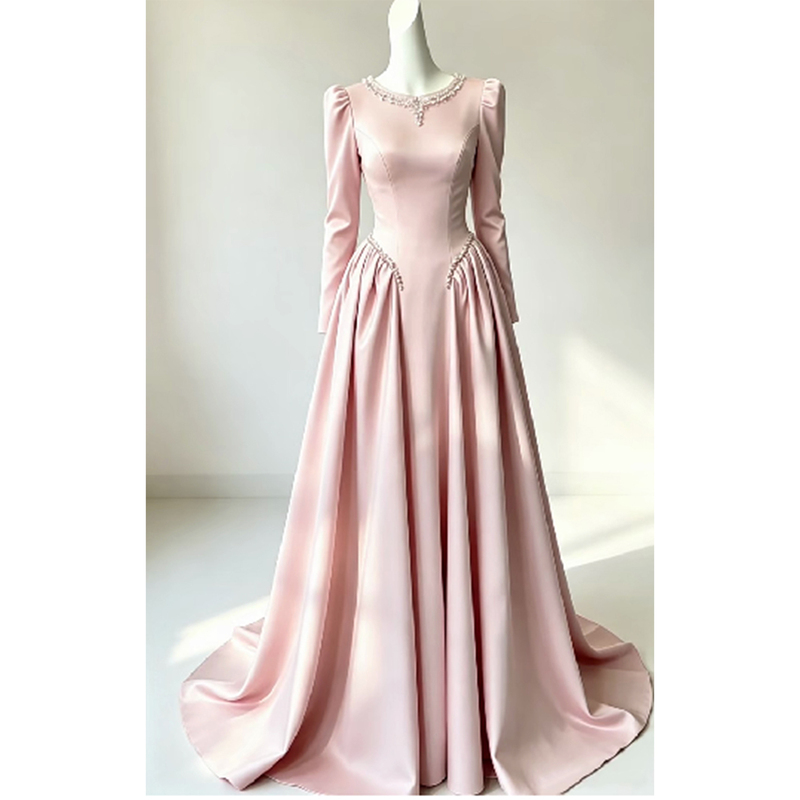 Pink Long-Sleeved Evening Dress for Host, Elegant and Stylish, Suitable for Daily Wear, Engagement, and Registration Pink Long-Sleeved Evening Dress for Host, Elegant and Stylish, Suitable for Daily Wear, Engagement, and Registration