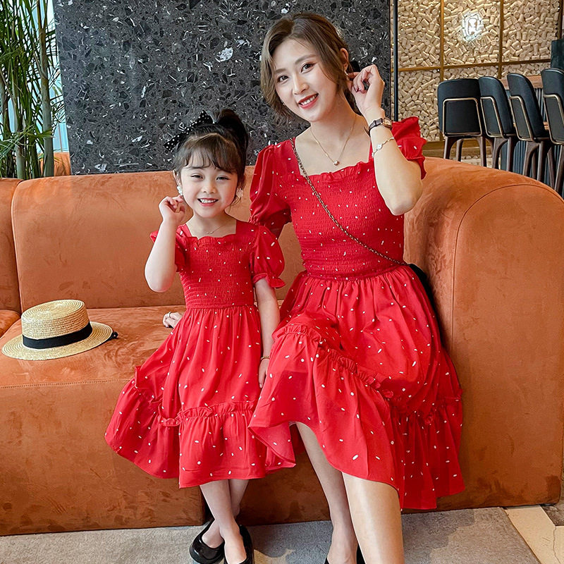 Mother Woman Dress Summer Foreign Dress Foreign Pie Dress Red Wave Dot Dress New Summer Dress Girl Snow-spinning Summer