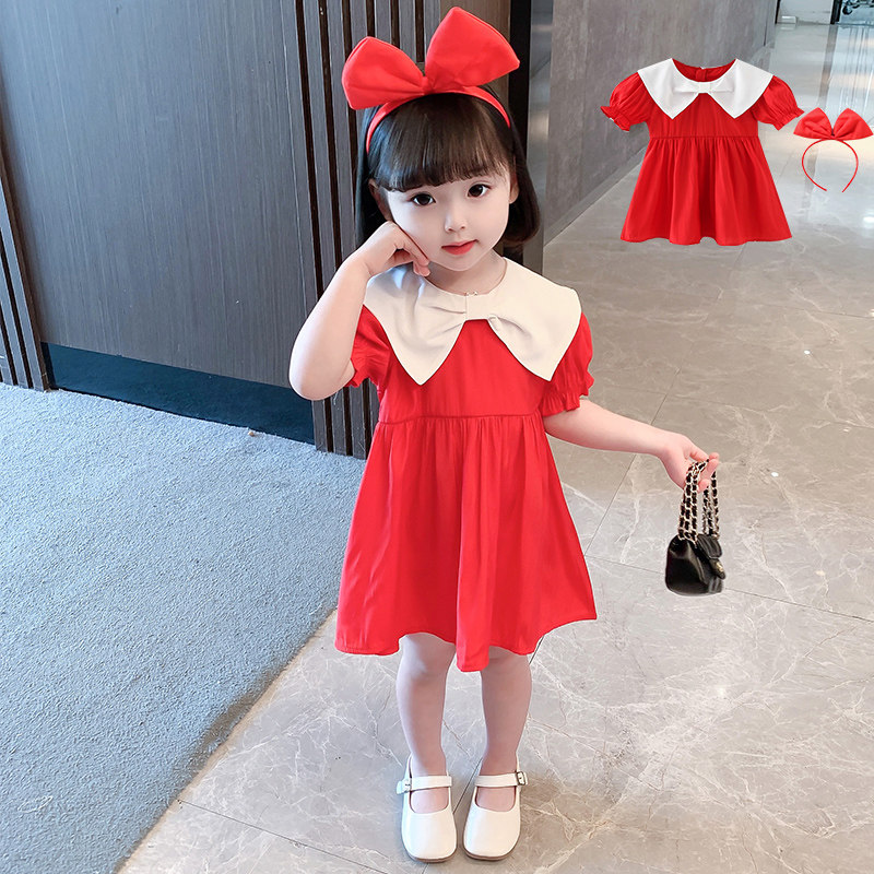 New girl big red dress summer children's bow collar skirt little girl foreign style a-line skirt summer