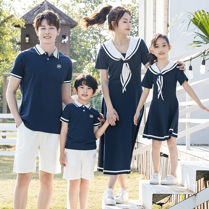Parent-child dress summer dress a family of three mother and daughter dress T-shirt short-sleeved suit new style family portrait polo shirt