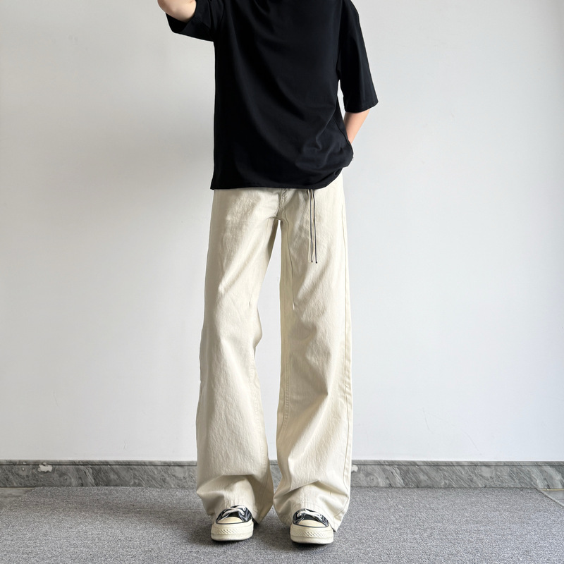 Fishball Spring and Summer Off-White Solid Color American-Style Straight Loose 100% Cotton Casual Pants Long Pants Unisex