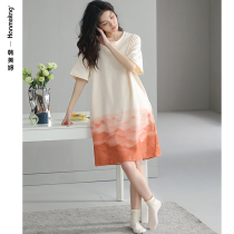 Nightdress women summer short sleeves 2022 new cotton gradient loose size medium long pajamas can be worn outside skirt