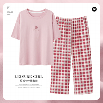 Pajamas ladies spring summer cotton short sleeves plaid cropped pants two-piece set of thin plus size homewear summer set