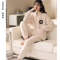 Coral fleece pajamas women 2021 new autumn winter thickened flannel high neck guard homewear winter set