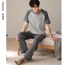 Cotton pajamas mens spring summer short sleeves long pants loungewear summer thin cotton plus size mens suit can be worn outside