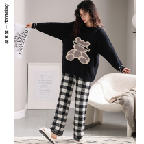 Coral fleece pajamas women autumn and winter thick flannel plaid pajama pants cartoon warm half velvet home wear set