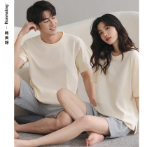Couples pajamas summer solid color simple short sleeves shorts large size mens and womens cotton loungewear summer thin set