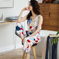 Womens Pajamas Summer Thin Cotton Loose Summer Sleeveless Vest Capri pants Home Clothes Two Piece Set Pants