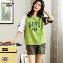 Sleepwear woman Summer Korean version Fresh student Leisure able to go out Home Sports Home Clothing Pure Cotton Short Sleeve Shorts Suit Half Sleeves