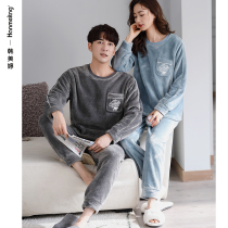 Couples pajamas autumn and winter thick coral fleece home clothes womens spring and autumn warm plus fleece flannel mens set