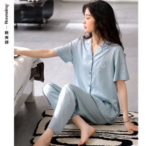 Sleepwear Womens Summer Pure Cotton Minimalist Cardioverwear big code Home Clothing Pure color thin short sleeves Long pants Spring and autumn Two suits