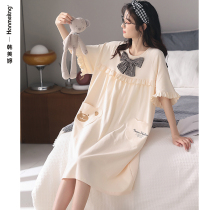 Nightgown Ladies Summer Short Sleeves Sweet Princess Style Cute Mid-Length Pajamas Cotton Loose Fit Dress Summer