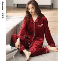 Island fleece pajamas ladies autumn and winter thick coral fleece red honmei year warm flannel home wear set