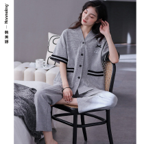 Waffle pajamas ladies spring and summer short sleeves long pants loungewear cotton cardigan plus size spring and autumn set can be worn outside