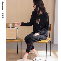 Black pajamas womens spring and autumn long sleeves cotton thin style mouth-shut small foot long pants homewear plus size autumn winter set