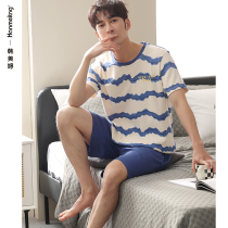 Pajamas mens summer cotton short sleeve shorts thin homewear summer casual stripe plus size youth set