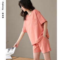 Pajamas womens summer cotton simple short-sleeved shorts two-piece set can go out solid color loungewear summer thin set