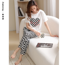 Sleepwear ladies Summer cool Modale short sleeves Big code Home clothes Chessboard Grid Long Pants Can Outwear Spring Autumn Suits