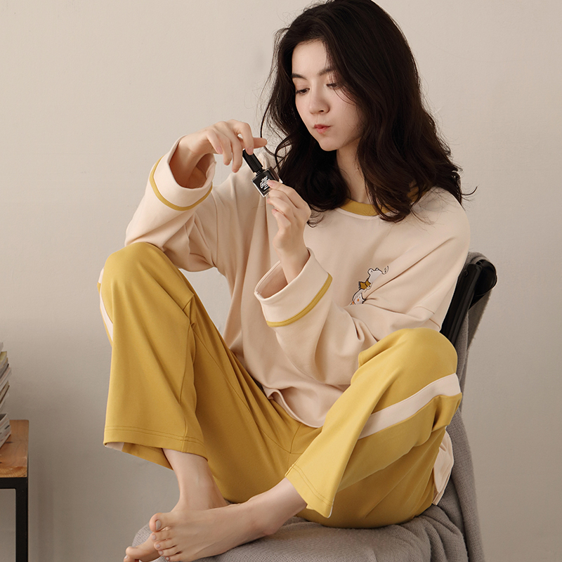 Sleepwear lady Spring and autumn with long sleeves pure cotton loose large size for outside wearing home clothes woman autumn and winter full cotton cover group