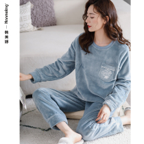 Pajamas ladies autumn and winter thick coral velvet crew neck pullover home wear warm flannel spring and autumn plus size set
