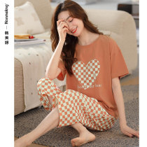 Pajamas Ladies Summer Cotton Thin Short Sleeve Plus Size Loungewear Summer Casual Plaid Cropped Pants Spring and Autumn Set