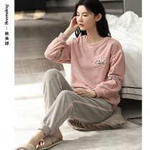Pajamas womens autumn and winter warm coral fleece home clothes in winter thickened plus fleece flannel can be worn outside the winter suit